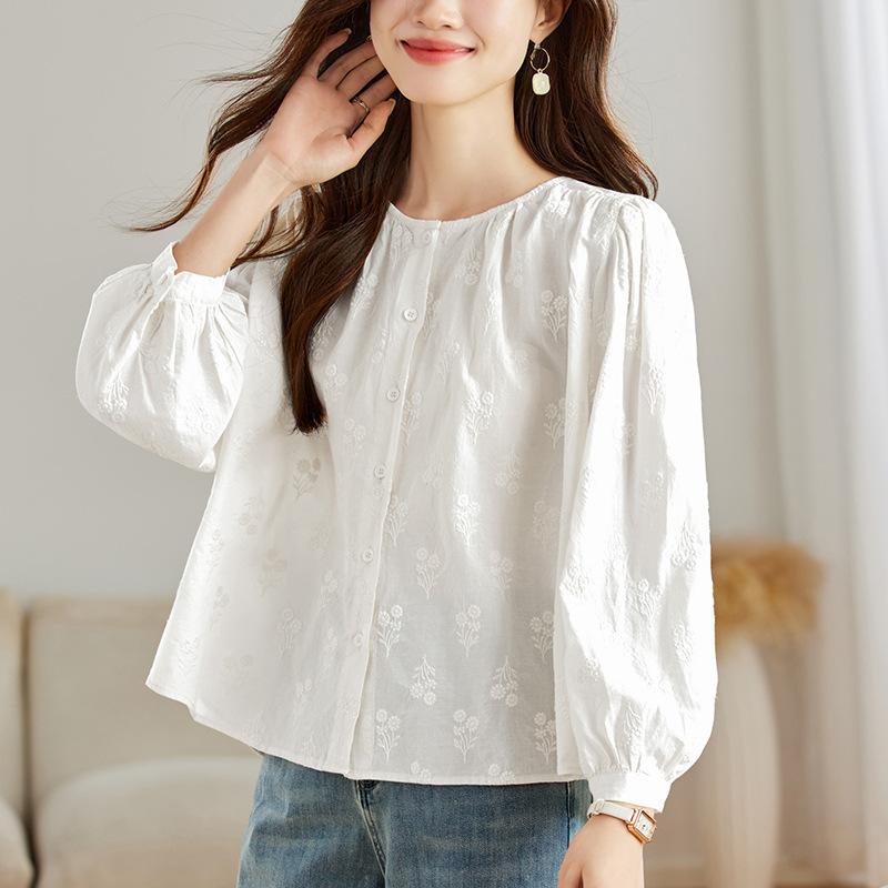 

Блузка с жаккардовым узором и круглым вырезом для женщин, Весенняя новинка, Повседневная, Свободная, Приталенная блузка для женщин XXL