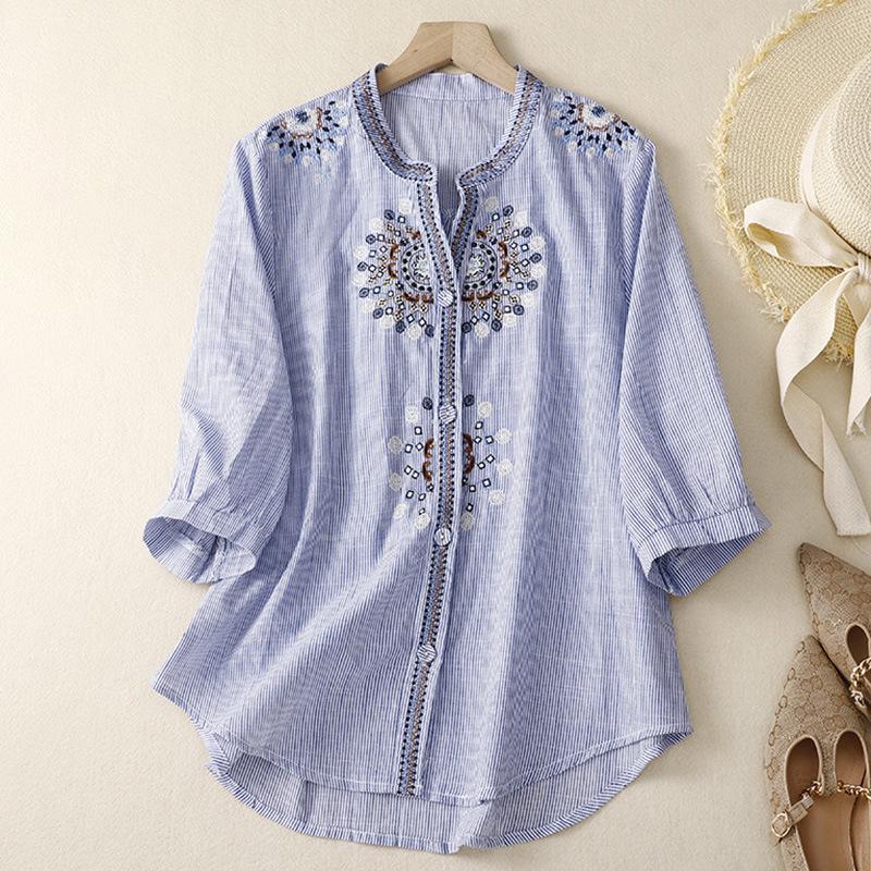 Summer Vintage Loose Embroidered Floral Stand Up Collar Five Quarter Sleeved Shirt Women