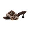 French Medium High Heel Leopard Print One-word Slippers Women's Shoes Wear 2025 New Autumn Retro Fluffy Sandals