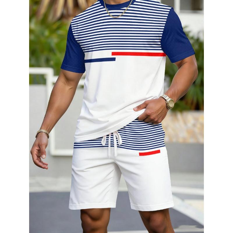 Men's Sports Short Sleeve Top Shorts Set Plus Size Breathable Basketball Sports Clothing Stripe Print T-shirt Shorts 2-piece Set