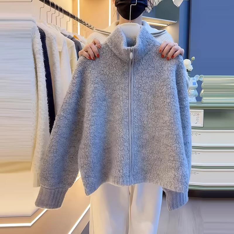 Women's Petite Korean Style Granular Texture Knit Cardigan - Autumn/Winter Versatile Fluffy Stand Collar Jacket