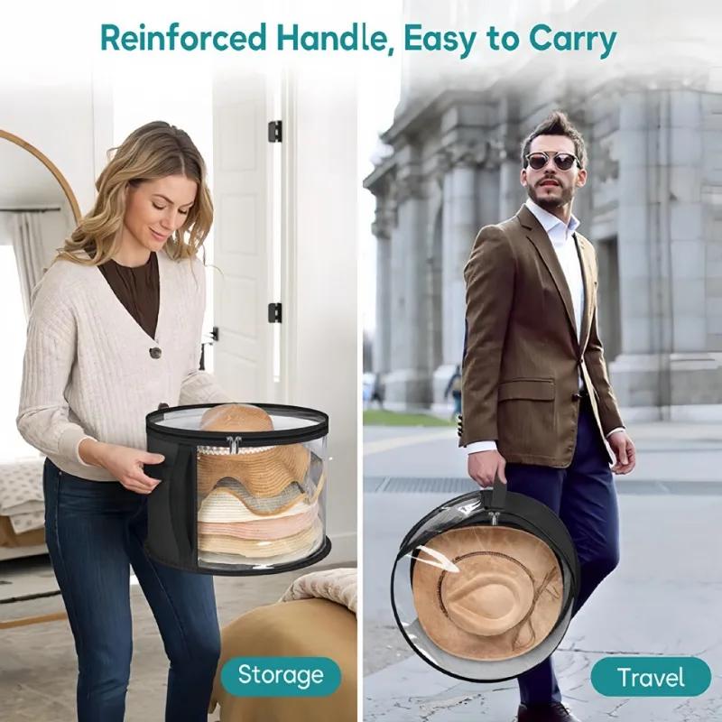 New Hat Box Convenient Round Travel Hat Organizer Wear-Resistant Storage,Foldable Bag with Handle and Clear Window