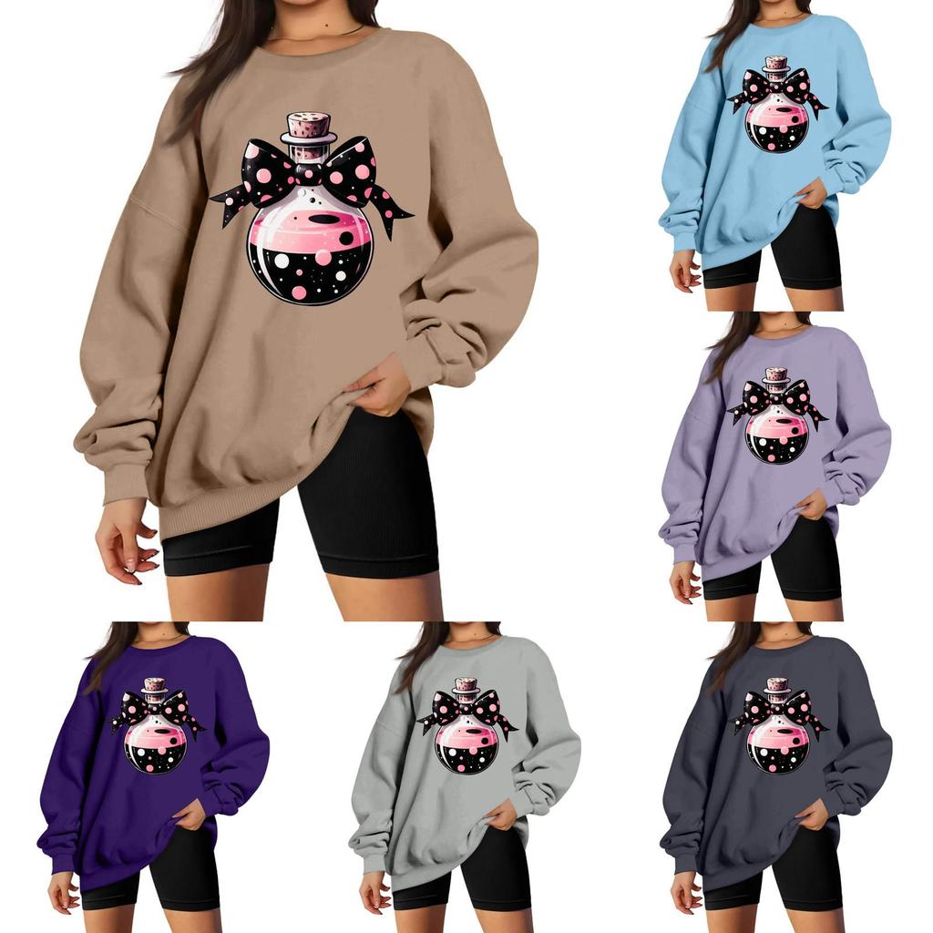 Women's Neck Long Sleeve Casual Loose Fit Sweatshirt Pullover with Color or Small Halloween Print