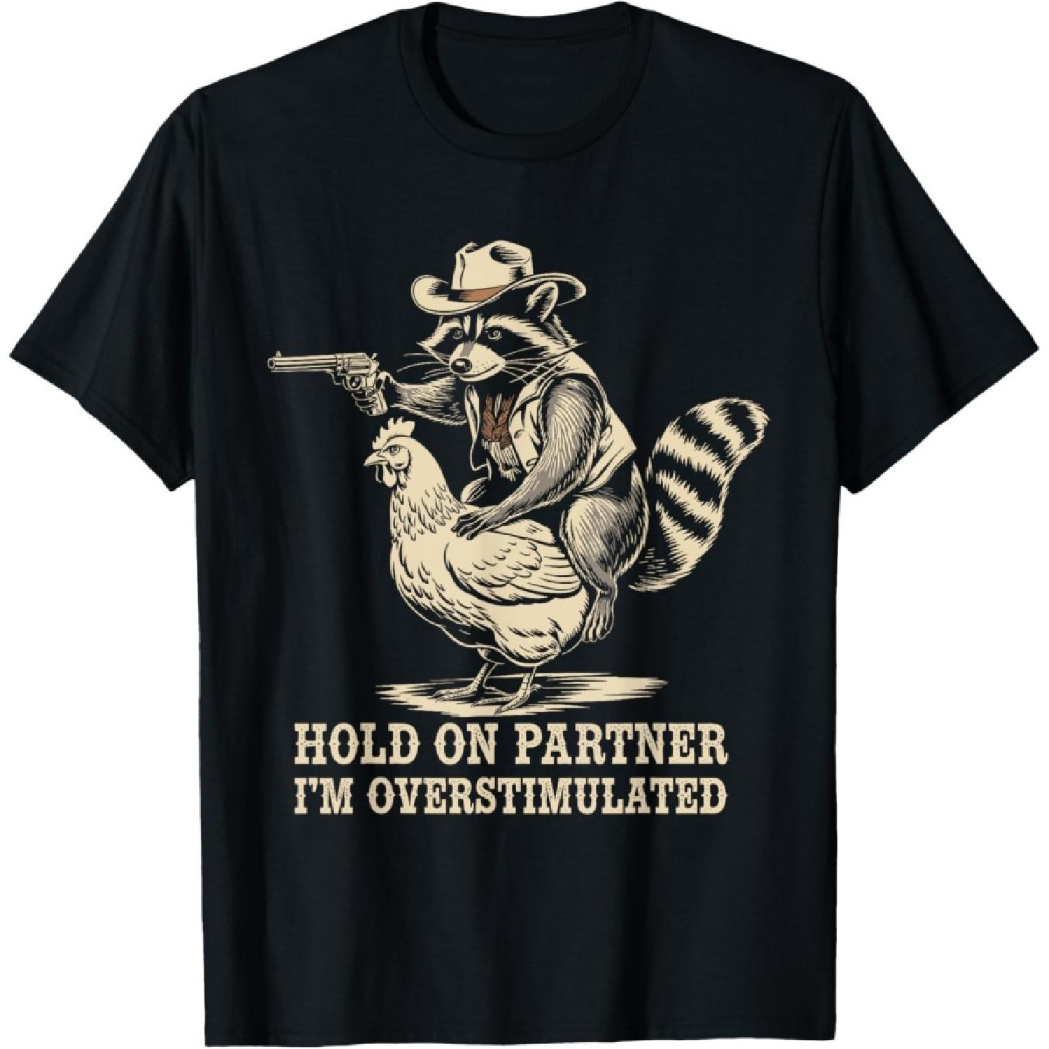 Vintage Western Humor Raccoon Overstimulated Cowboy Raccoon T-Shirt - Unisex Adult, Black, Small S