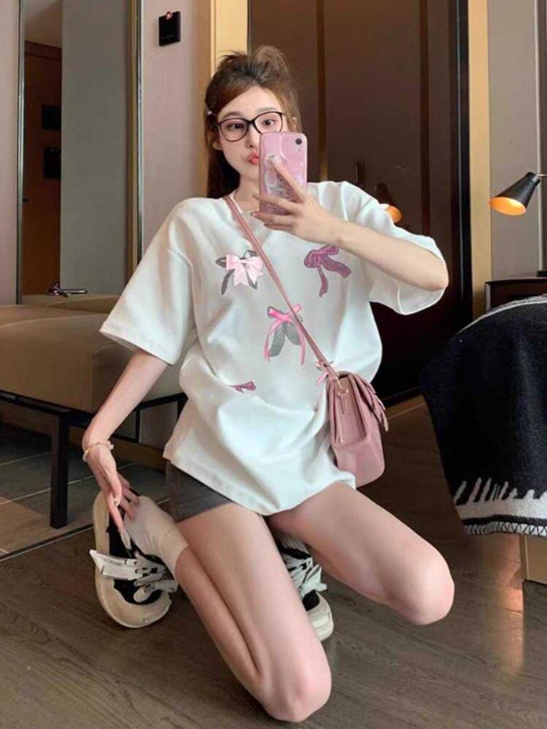 Plus Size Korean Cotton Bow Print Short Sleeve T-shirt for Women - Sweet, Loose, Versatile Slimming Summer Top