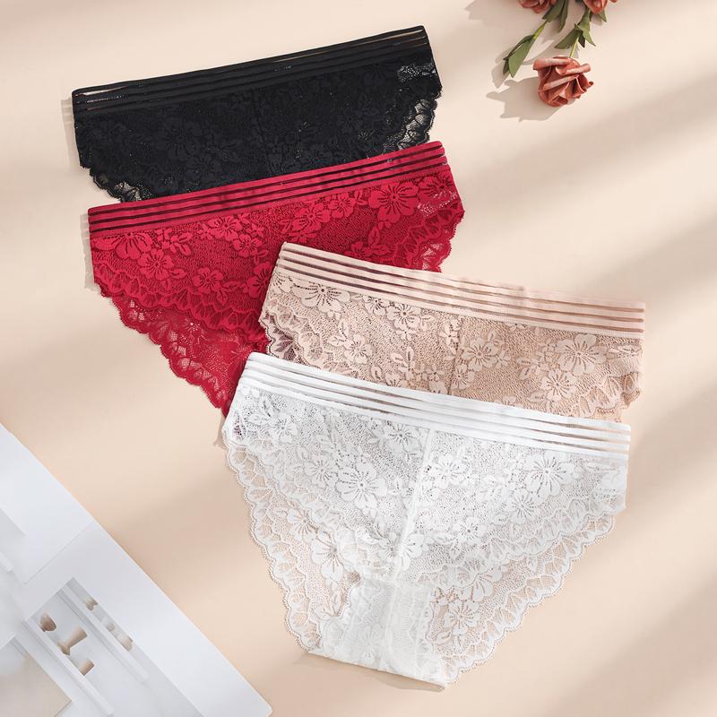 4Pcs/Set Sexy Lace Women's Panties Perspective Underwear Low Waist Panty Solid Underpants Floral Intimates Female Lingerie M-XL