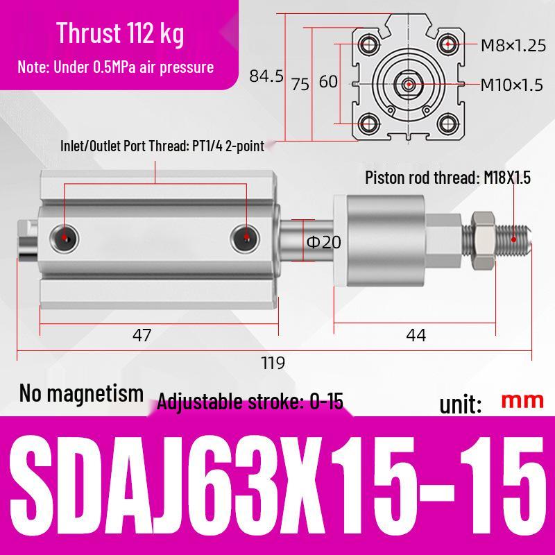 Adjustable Stroke Pneumatic Thin Cylinder - Piston Rod Sizes: 16/20/25/32/40/63
