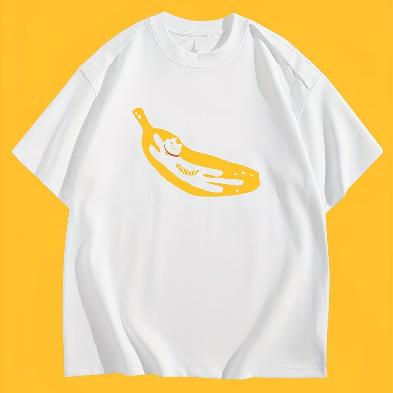 Kawaii Banana Cat Graphic TShirt Cute Black Cat Sleeping In Banana Tee Summer Short Sleeve Aesthetic Harajuku Fashion Tops S