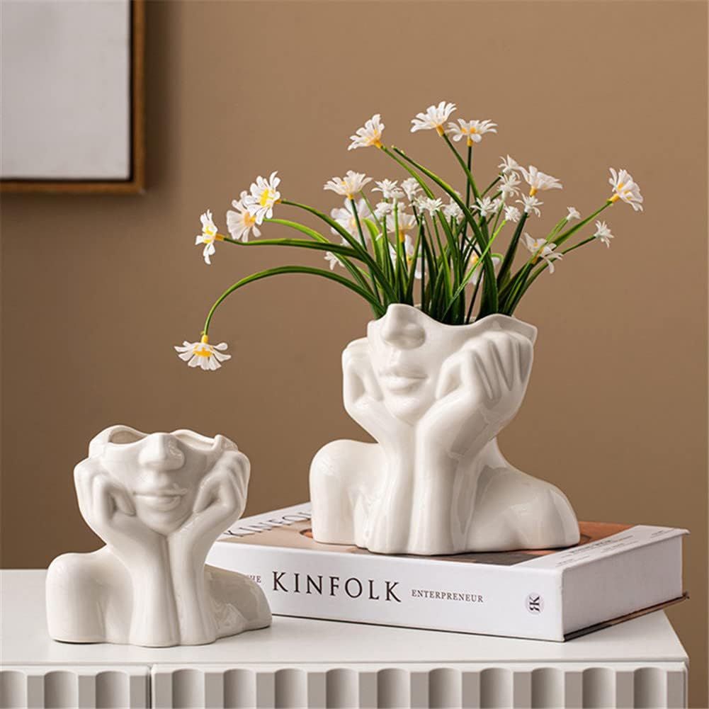 White Ceramic Face Vase, Female Form Head Half Body Bust Vases Boho Feminist Minimalism Decorative Modern Nordic Style Flower Vase for Home Living