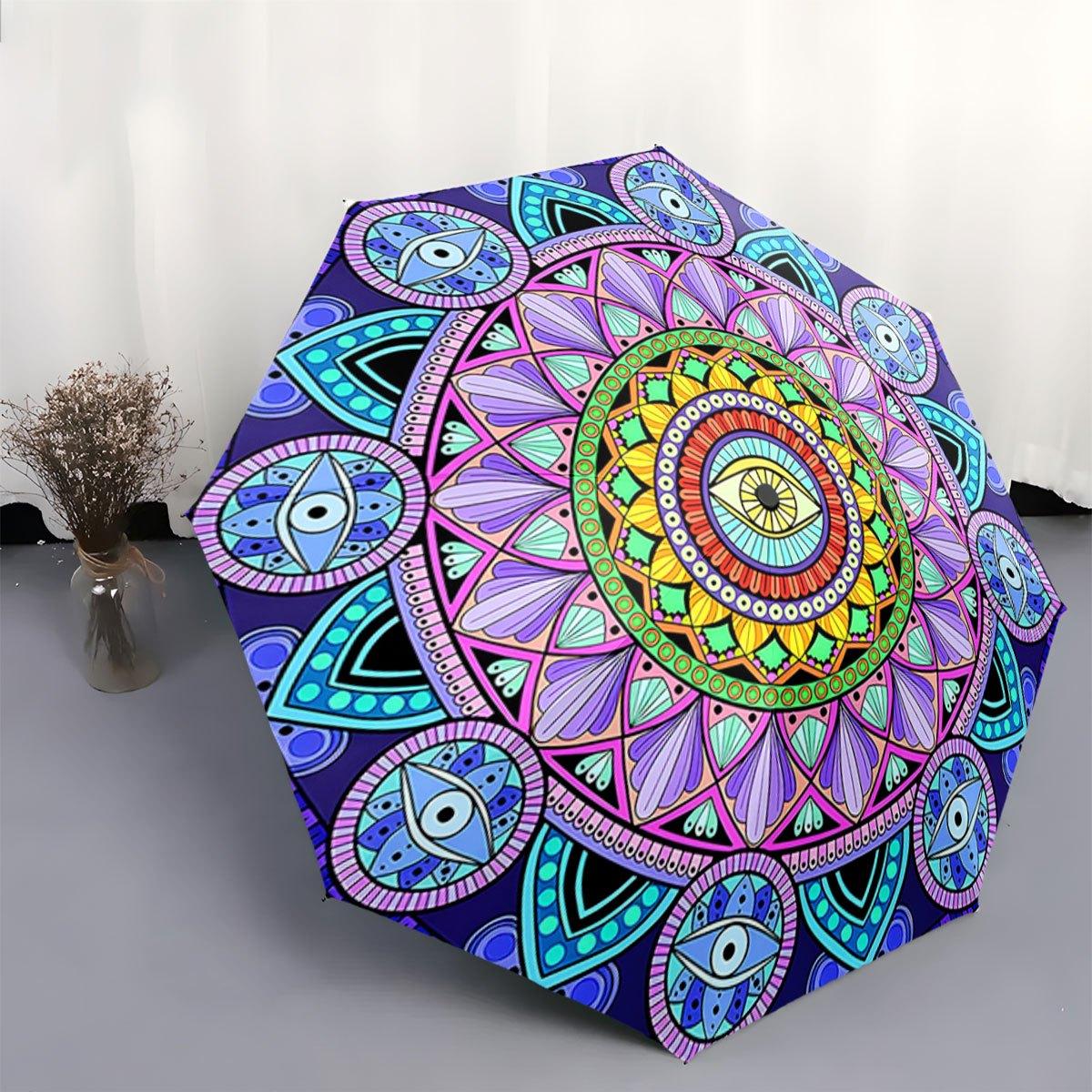 

Automatic Folding Umbrella with Psychedelic Mandala Eye Design - 8-Rib Collapsible Portable Umbrella, Vibrant Multicolor Patte (as the picture,Iron&8K)
