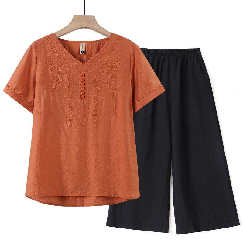 Women's Tencel Linen Embroidered Short-Sleeve T-Shirt & Pants Set - Summer Style for Middle-Aged Moms
