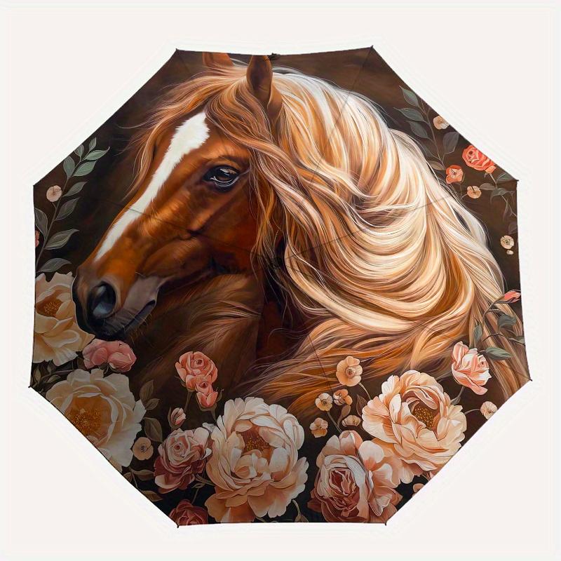 Horse Floral Theme 8 Bone Hand Automatic Folding Umbrella, Compact and Portable Design, A Perfect Gift for Birthday, Christmas or Business U