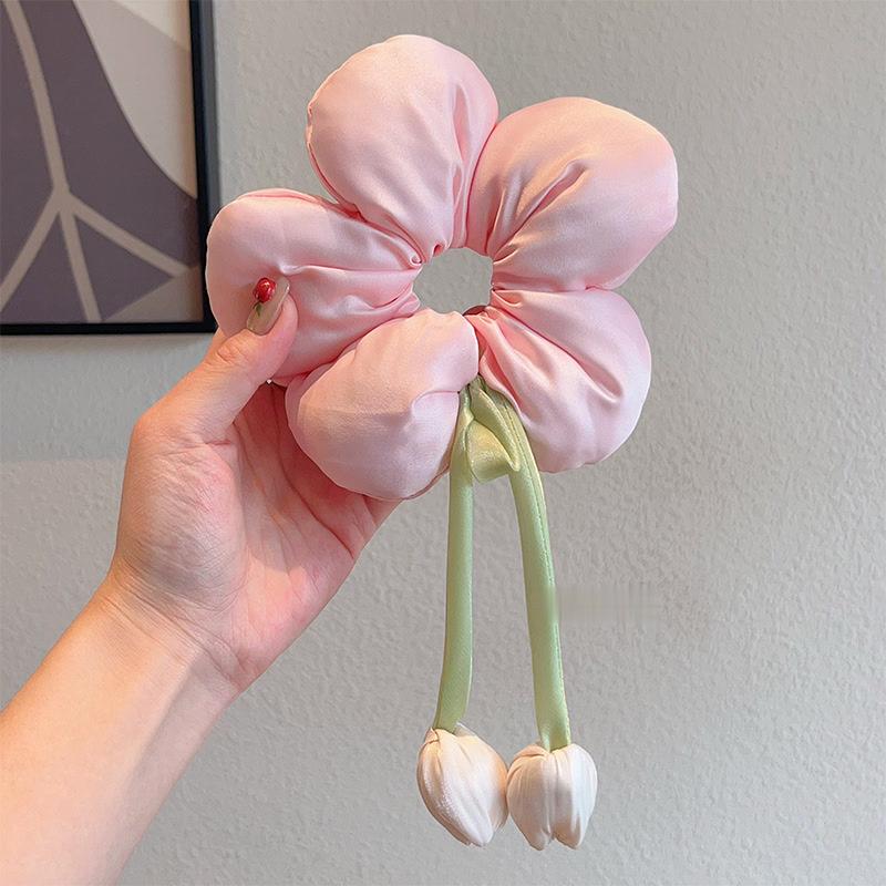 Sweet Gentle Women Tulip Flowers Ribbons Hair Scrunchies Fairy Bowknot Streamers Hair Ribbons Ponytail Holder Hair Accessories