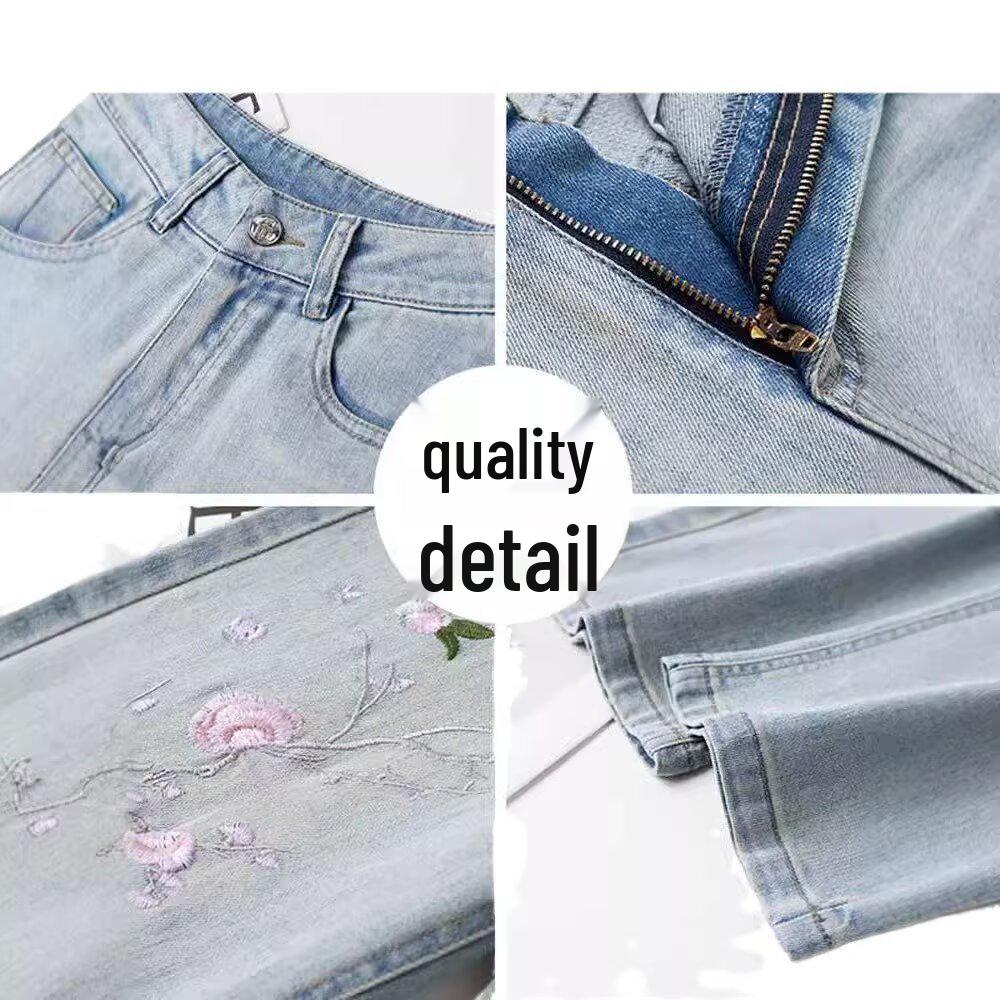 Damen 2025 Chinesischer Stil Hellwaschung Hohe Taille Bestickt Gerades Bein Jeans
