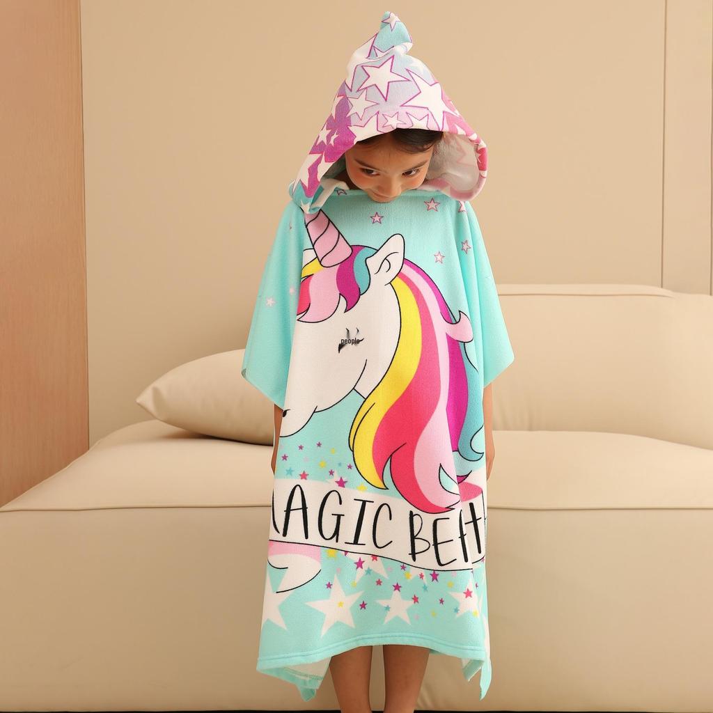Ultra-Fine Fiber Cartoon Print Kids' Hooded Bath Towel Poncho