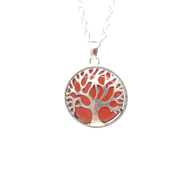 Multi-Color Hollow Natural Stone Pendant Item Round Alloy Tree Of Life Necklace Elegant And Fashionable