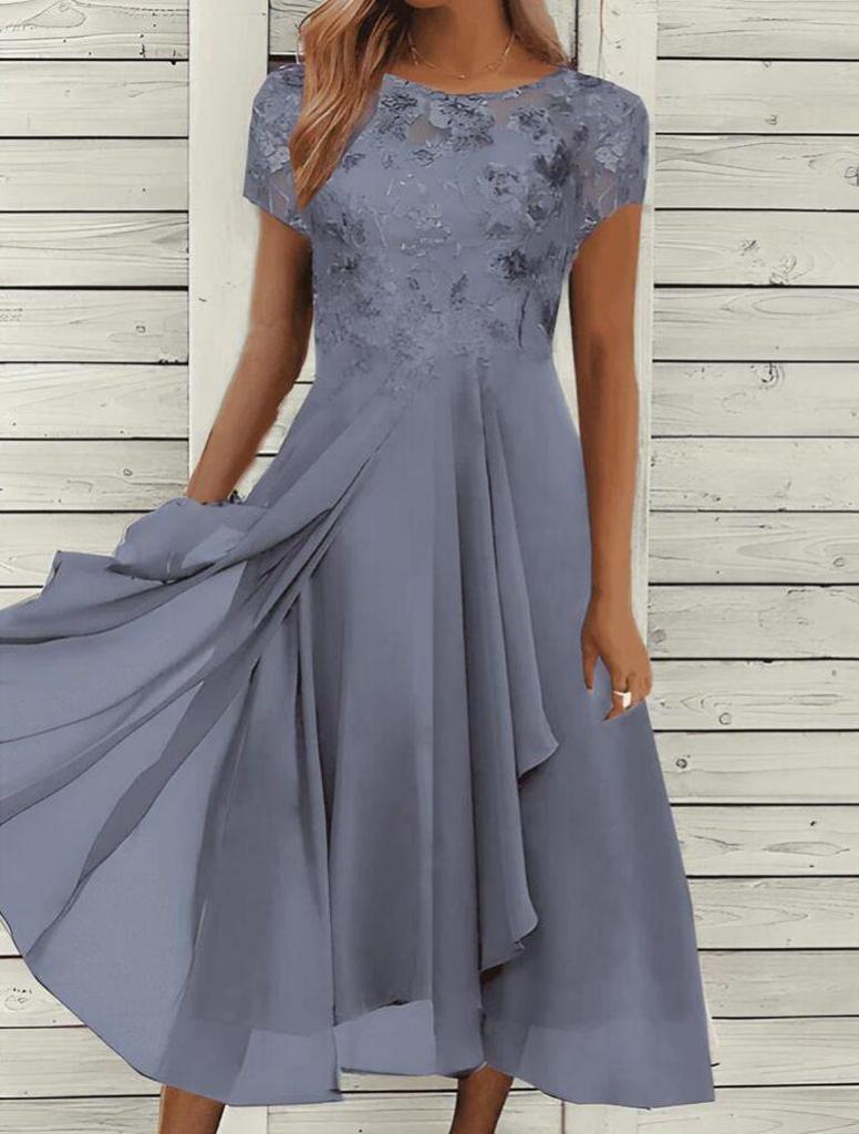 2026 Women's Chiffon Patchwork Print Dress: Round Neck, Short Sleeve, Wide Hem Skirt