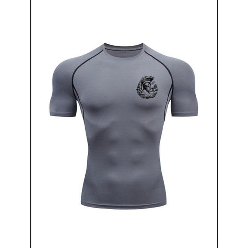 Men'S Spartan Warrior Print Compression T-Shirt, Quick Dry Short Sleeve Gym Workout Tee, Vintage Warrior Helmet Athletic Fitness Training Top