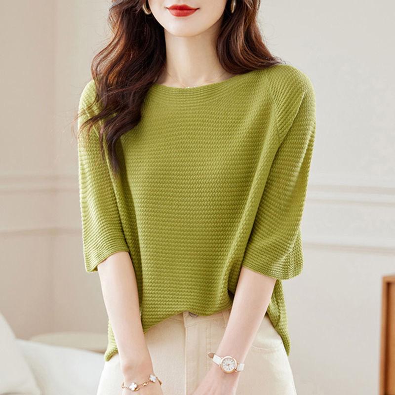 

Spring/Summer Women s Thin Seven Sleeve Knitted Shirt Top Loose Fashionable Bottom Shirt for Women 3XL