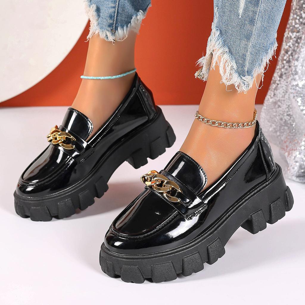 Fashion New Retro Metal Buckle Loafers for Women Spring Autumn Black Slip On Comfortable Pumps Thick Soled Females Casual Heeled Shoes