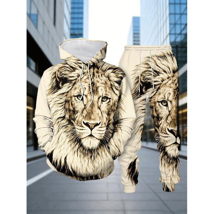

Men S Casual Sportswear Set Featuring a Lion Print Hoodie And Pants, Perfect for Spring And Autumn. This Loose-Fitting Two-Piece Tracksuit Is Ideal S разноцветный