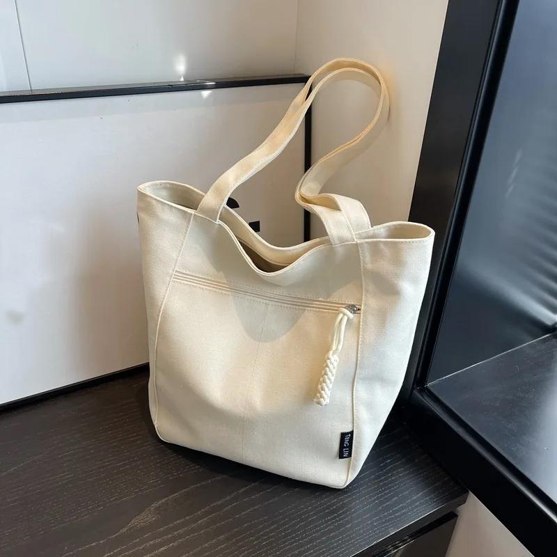 

Повседневная минималистичная сумка на плечо, большая вместительная нишевая однотонная сумка высокого качества, универсальная холщовая сумка в консервативном стиле для поездок на работу бежевый