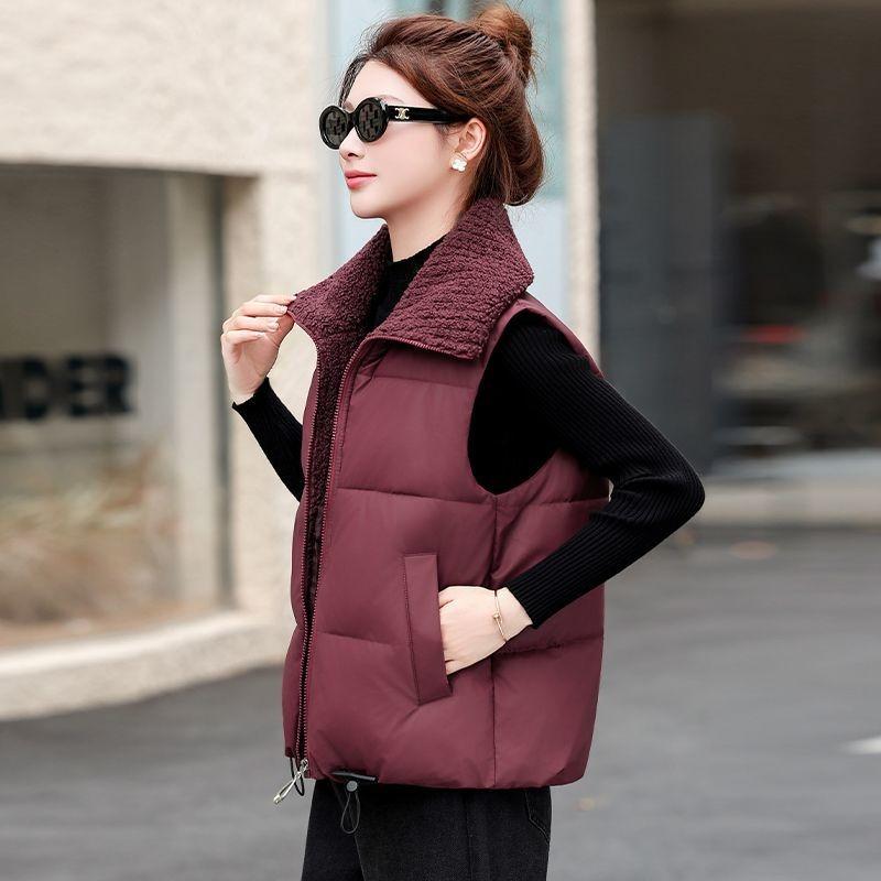 Colete Cardigan Cor Sólida com Bolso com Zíper Estilo Coreano Jaqueta de Lapela Colete Versátil Moda Outono e Inverno Top Solto