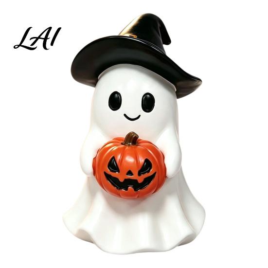 Small Ghost Sculpture Halloween Resin Figurine Creepy Witch Hat Statue Desktop Statue Pumpkin Reading Ornament for Holiday Party Decoration Figurine