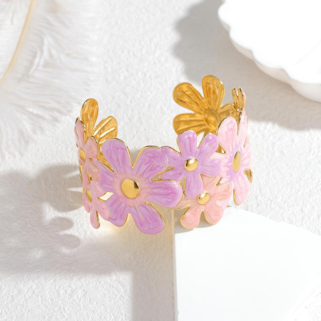 Frisches und Süßes Buntes Emaille-Blumen Offenes Armreif: Luxuriöses High-End-Mode-Edelstahlarmband