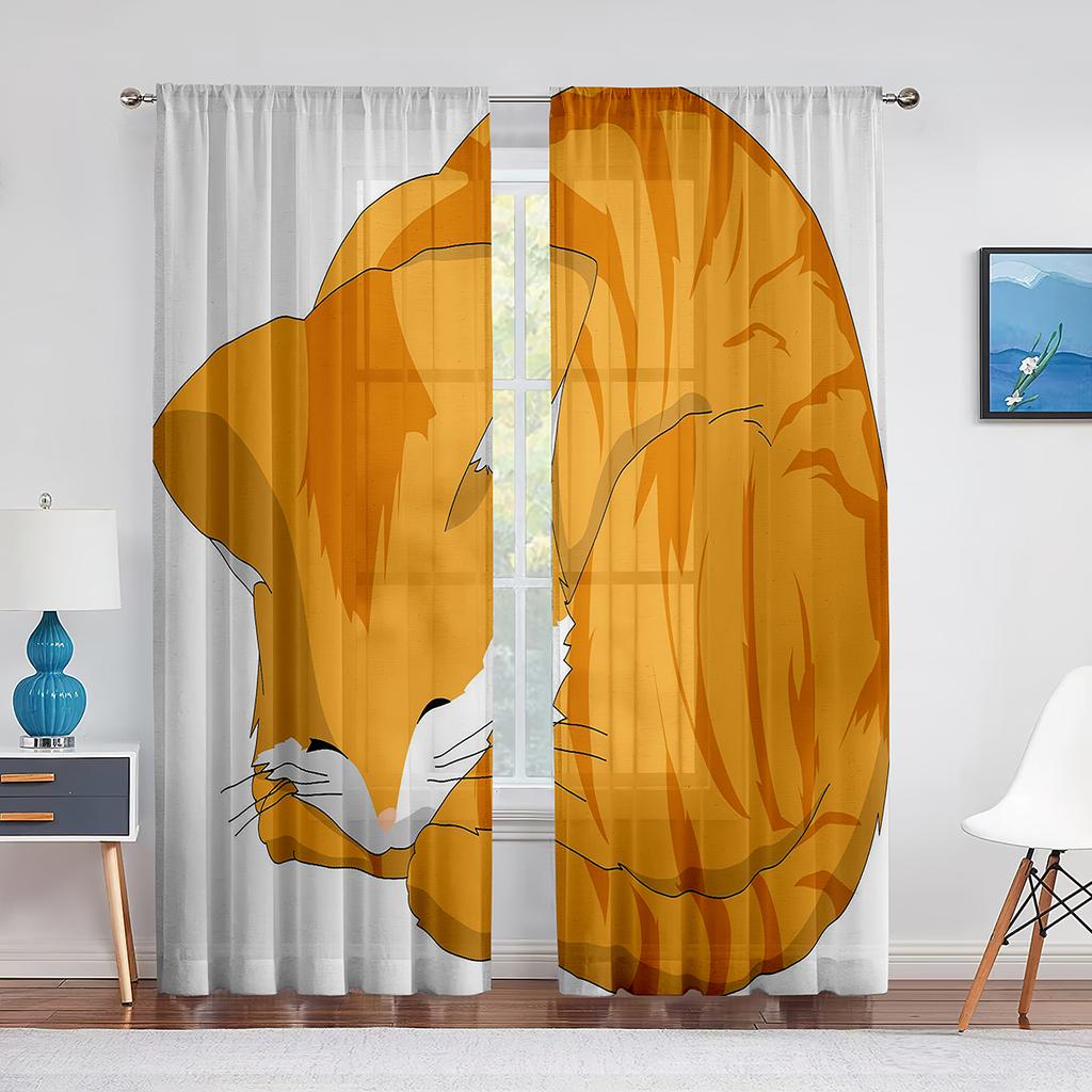 Cartoon Cat Reading Book Pink Sheer Voile Curtain Kawai Animal Window Tulle Curtains for Living Room Kids Bedroom Kitchen Decor