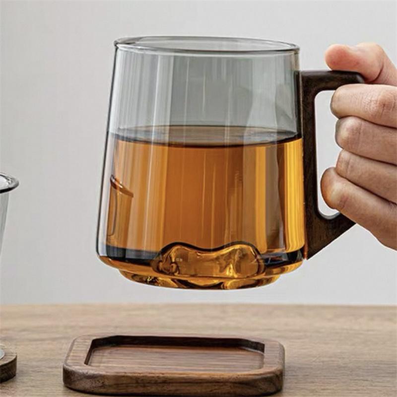 400ml Bottom Mountain View Glass Tea Cup Coffee Mug with Wooden Handle High Temperature Resistance Scented Tea Water Cup