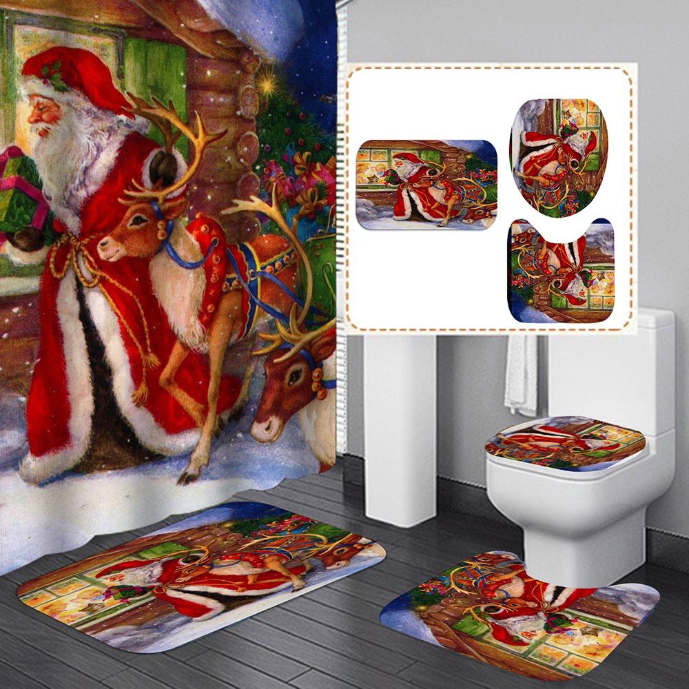 3X Christmas Bathroom Rug Set Non-Slip Bath Mat Toilet Lid Cover Christmas Decor