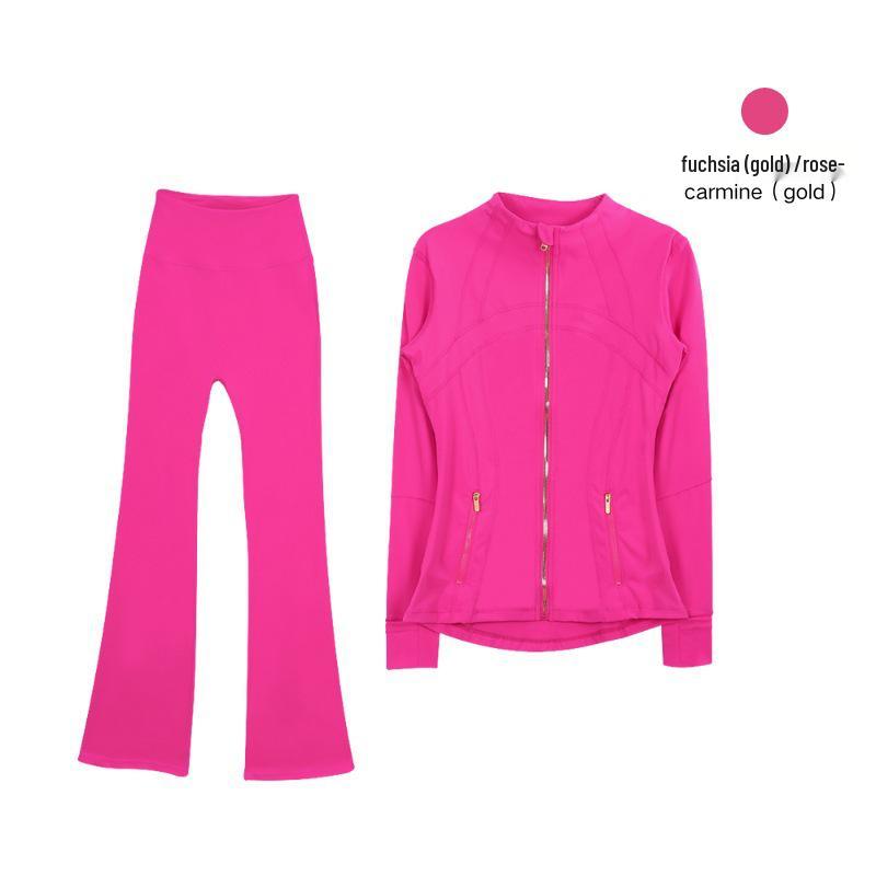 In Stock: Women's Gold Jacket & Flare Pants - High Stretch, Slimming Sports Yoga Set