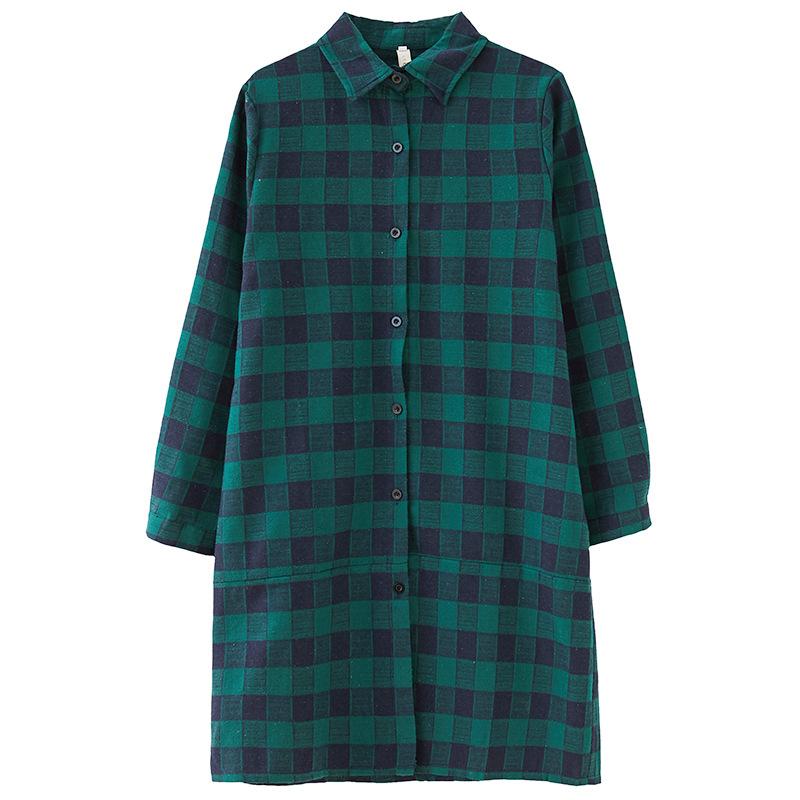 Autumn Loose Plaid Lapel Long Sleeve Blouse Shirt for Women Button Down Mid To Long Shirts