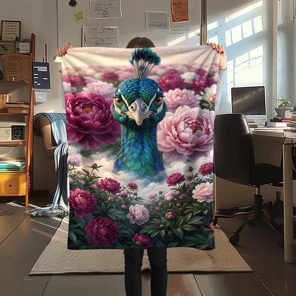 1PC Peacock and Peony Print FlAannel Blanket, High quality Comfortable for All Seasons, Home Decor, Warmth and Comfort