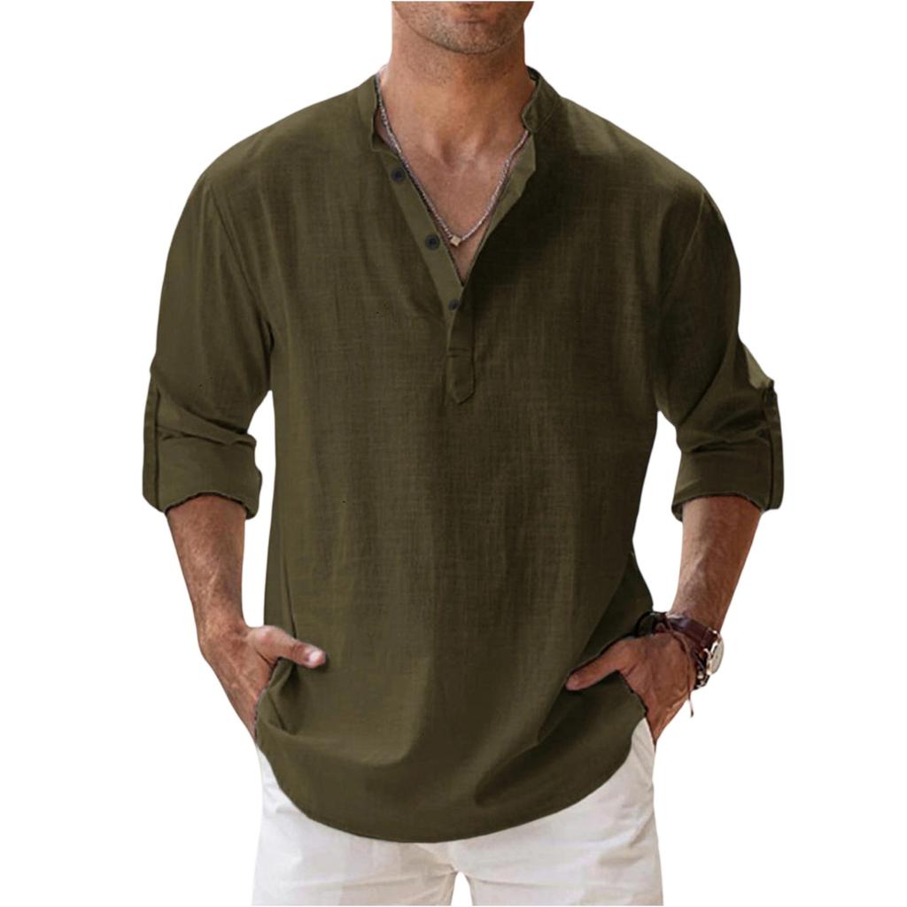 Men's Casual Loose Stand,up Collar Sweatshirt, Men's ,color Long,sleeved Cotton And Linen Shirt Top