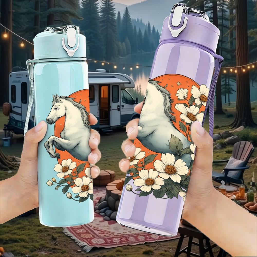 1PC Floral White Horse Art 750ml Color Plastic Sports Water Bottle Leakproof Flip Straw Lid Suitable for Sports Office Home Use