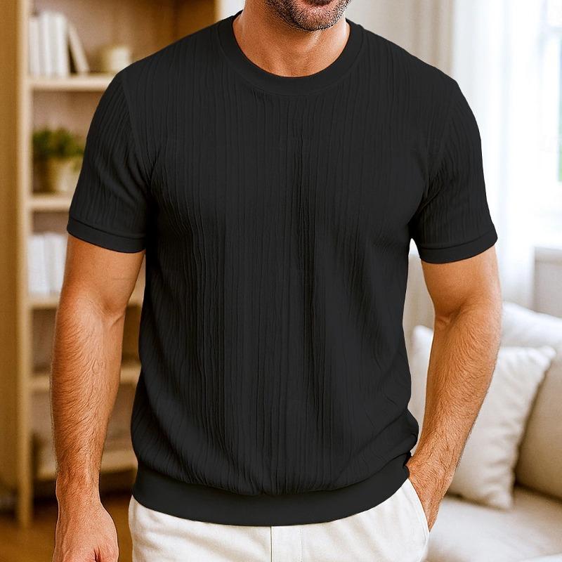European American Men's Short-sleeved T-shirt Jacquard Sweater Round Neck Ribbed Pullover Top