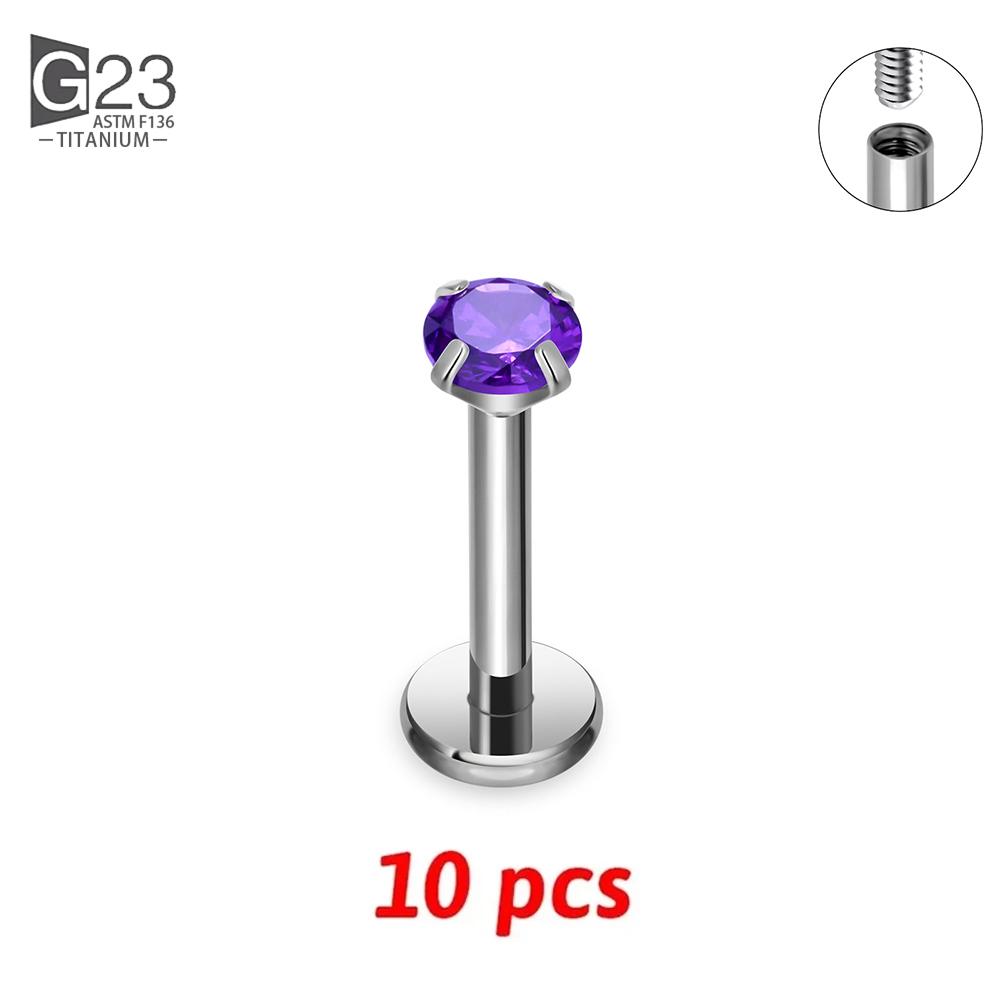 10Pc G23 Titanium Labret Lip Piercing Stud Internally Threaded Zircon Ear Stud Helix Cartilage Tragus Body Piercing Jewelry
