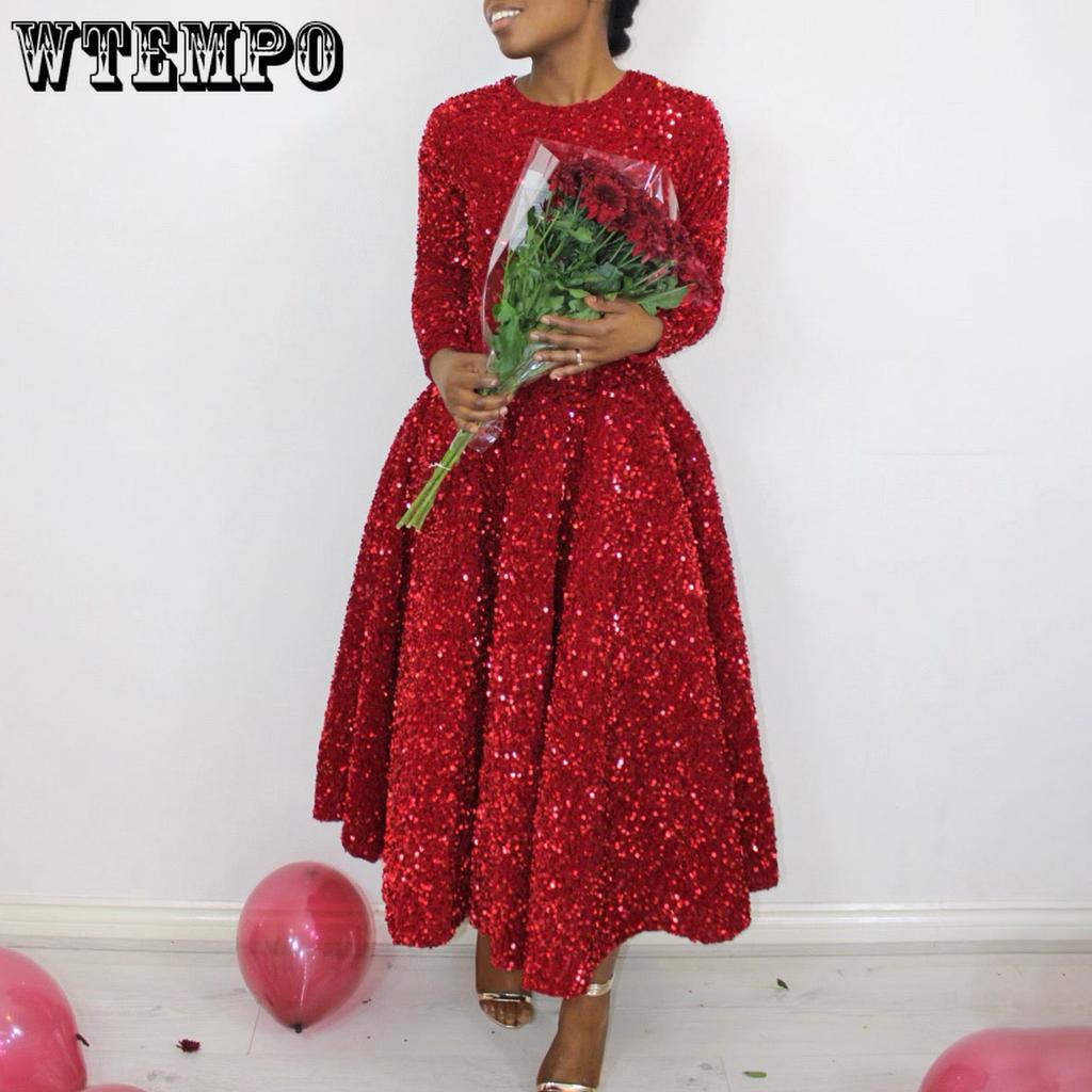 Sukienki damskie z okrągłym dekoltem, długim rękawem, jednolitym kolorem, cekinami, wysokim stanem, o średniej długości