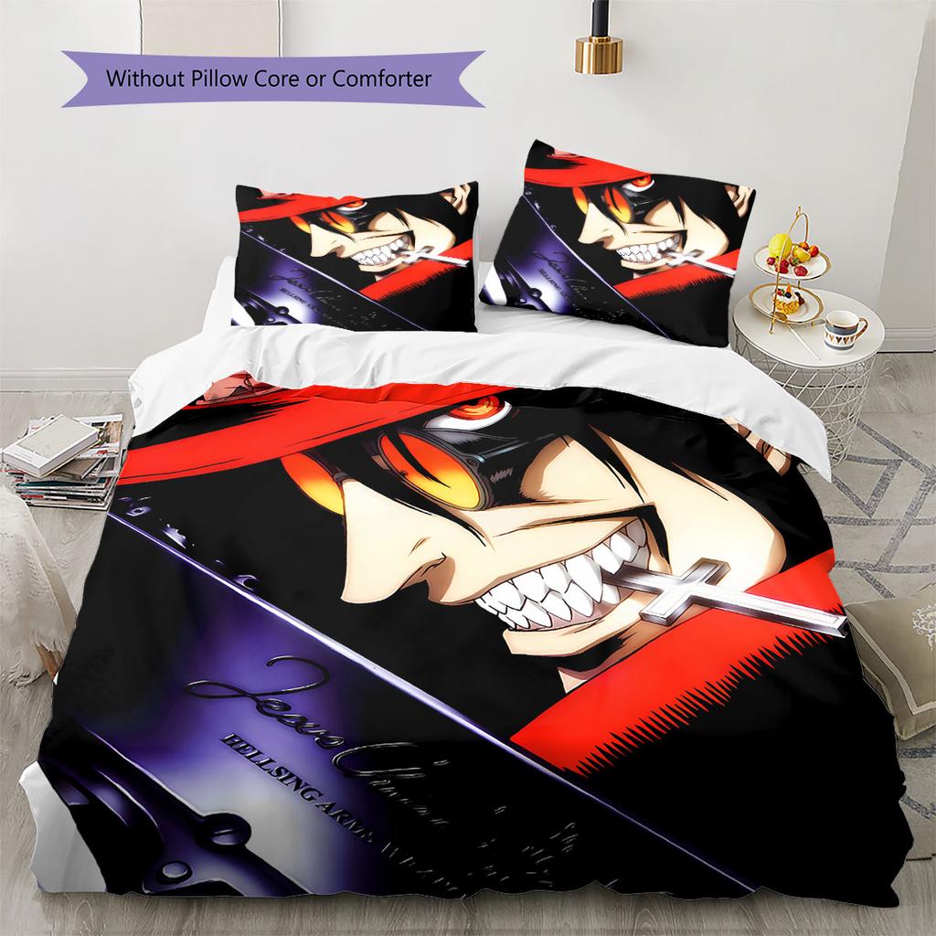 HELLSING Pattern Bedding Quilt Set Quilt Cover Pillowcase Home Decoration Birthday Gift (1 * Duvet Cover + 2 * Pillowcase, Without Core)