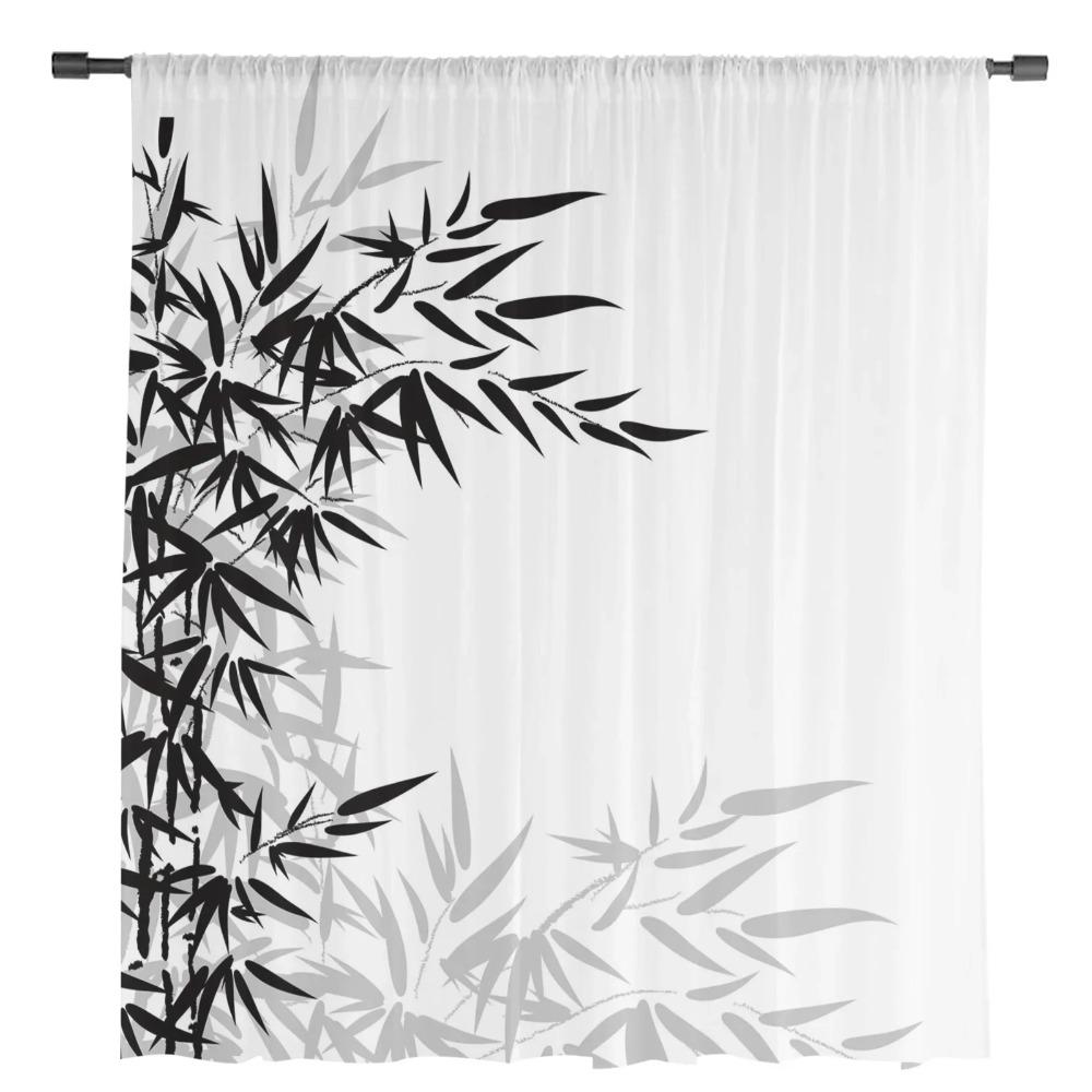 Black And White Bamboo Tulle Sheer Curtains for Living Room Decoration Window Curtain for Bedroom Kitchen Voile Organza Drapes