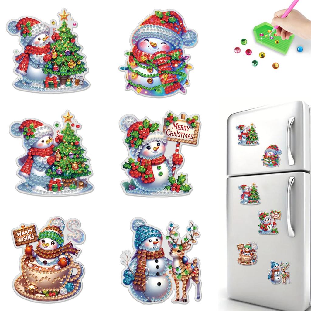 6pcs 2D Flat Xmas DIY Diamond Art Refrigerator Sticker Diamond Art Kits Crystal Refrigerator Magnet for Home Kitchen Decoration