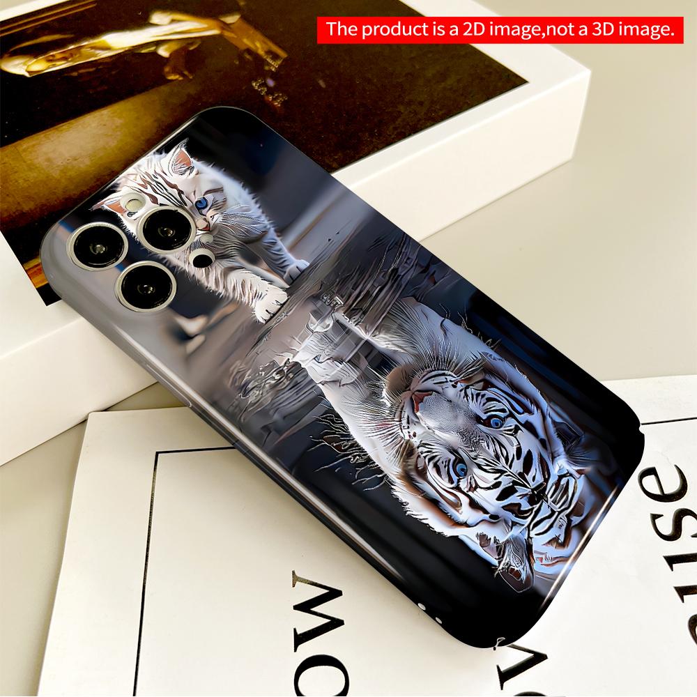 2DFlat Furry Kitten & Tiger Reflection Art All inclusive film hard phone case, compatible with iPhone 18 Pro Max 17 16 15 14 13 12 11
