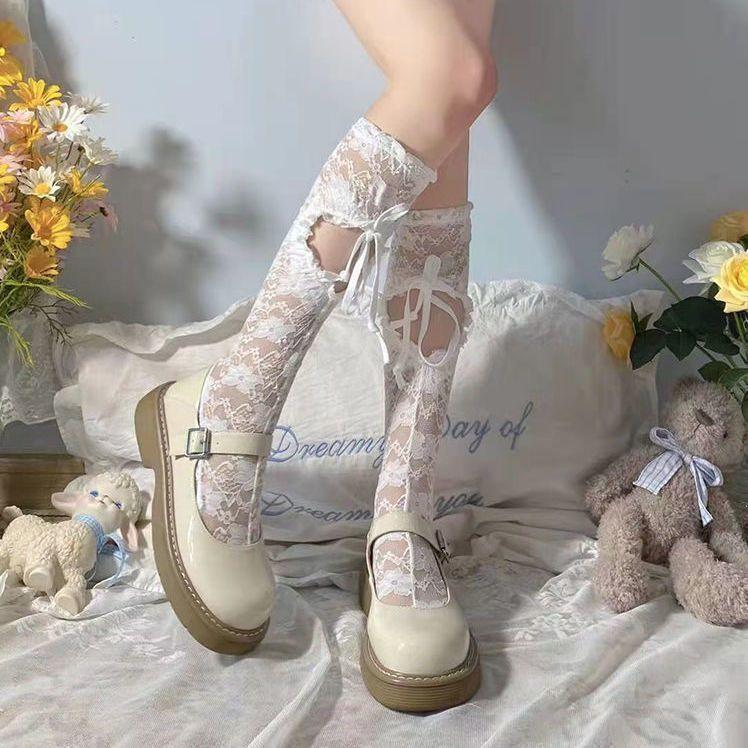 Summer Mid-Calf Calf Socks | Bowknot Black Lace JK Socks with Ripped Heart Design - Cute Thin Style for Women