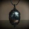 Gothic Black Oval Bat Castle Crow Cross Cemetery Vampire Pendant Leather Rope Necklace for Women Men Hallowmas Jewelry Gift