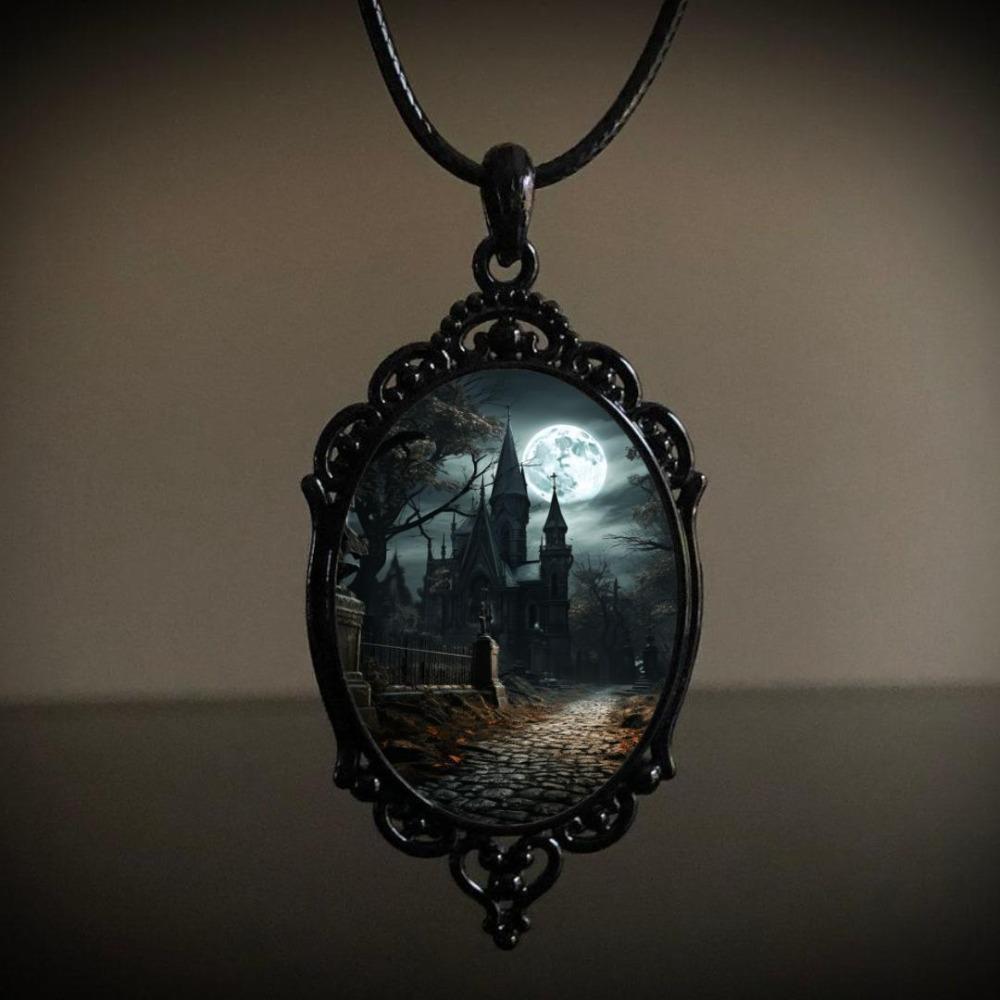 Gothic Black Oval Bat Castle Crow Cross Cemetery Vampire Pendant Leather Rope Necklace for Women Men Hallowmas Jewelry Gift