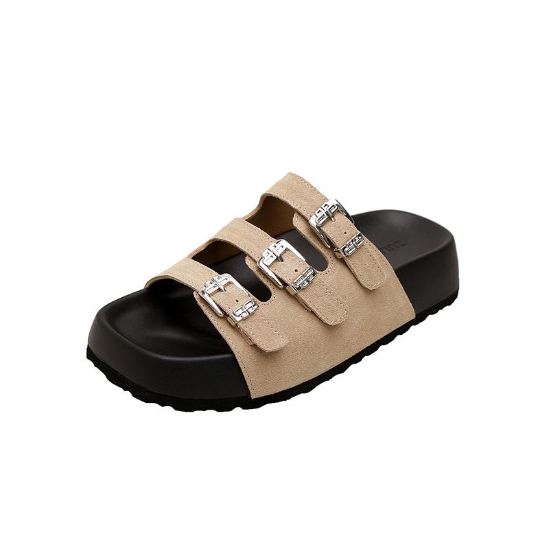 

Шлепанцы из натуральной кожи женские новые летние универсальные шлепанцы на толстой подошве с ремешком и пряжкой, крутые шлепанцы 40 хаки