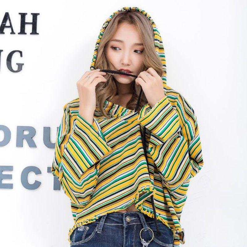 

European and American Striped Contrast Color Loose Short Batwing Shirt Sweatshirt Stripes yellow All yards