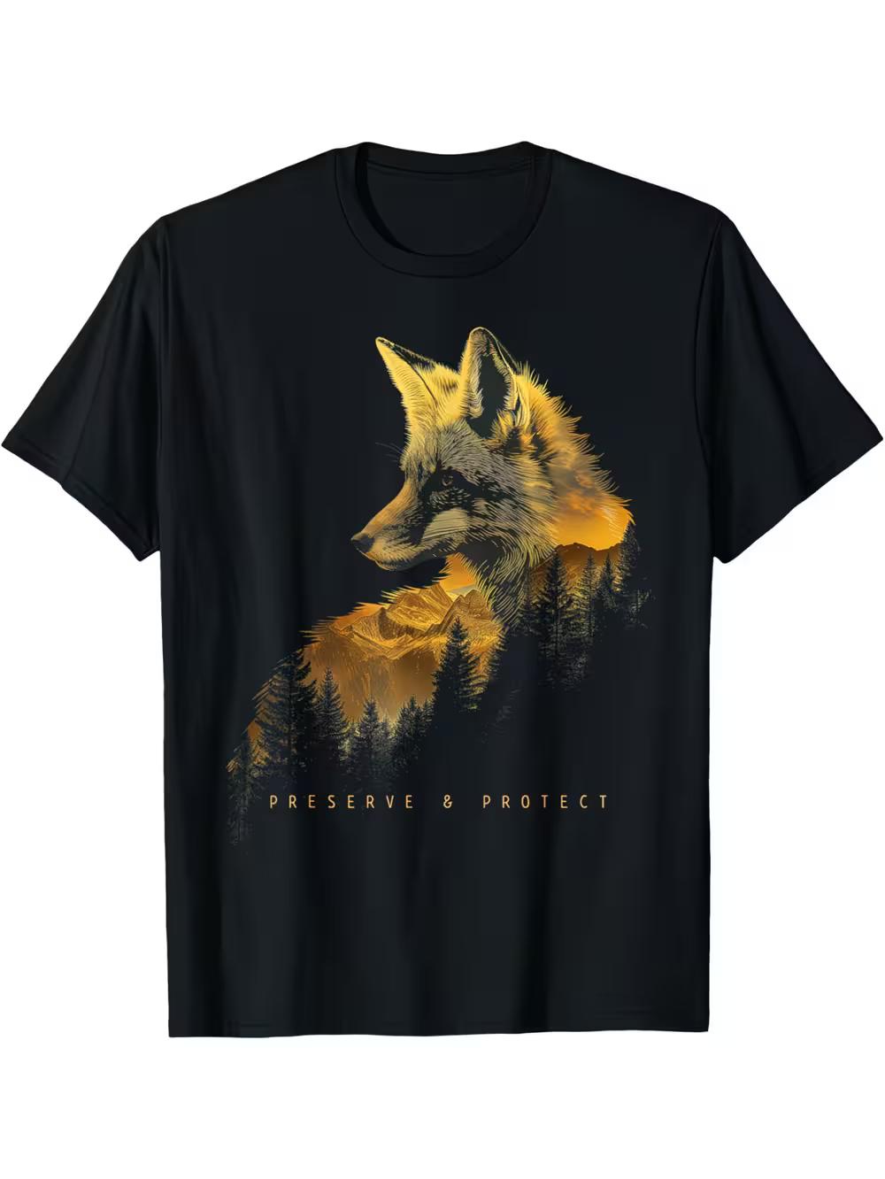 Fox Forest Preserve Protect Graphic T-Shirt- Black Relaxed Fit Casual Tee with Watercolor Fox& Pine Trees Design S